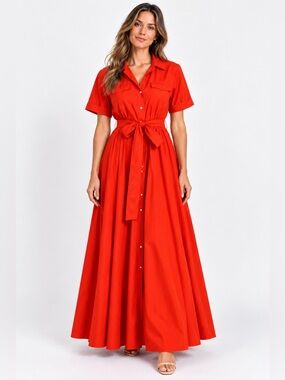 STAUD Millie Belted Maxi Shirt Dress Red Orange Size 4